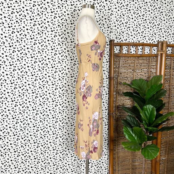 Aritzia | Wilfred Bellow Tan Yellow Floral Print Tie Bust Sexy Summer Midi Dress - Picture 4 of 13